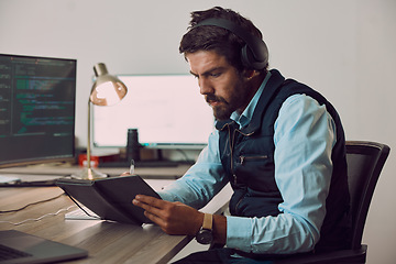 Image showing Coding, man writing notes and programmer, software update and work night with information technology and code. Cybersecurity, ux and network with wifi, web design and cyber space with cpu programming