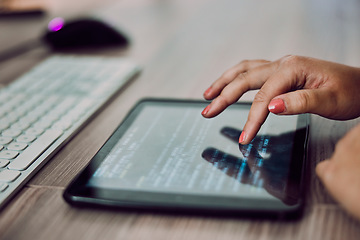 Image showing Hands, tablet screen and programmer typing in office, coding or programming on desk. Information technology, female developer and woman with digital touchscreen for software development in workplace.