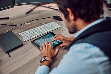 Image showing Coding, tablet and man typing with programmer and software update, information technology and code at desk. Cybersecurity, ux and network with wifi, web design and cyber space with cpu programming