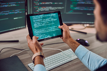 Image showing Coding, computer and tablet in hands with man, programmer and software update, IT and code at desk. Cybersecurity, ux and network with wifi, web design and cyber space with tech and cpu programming