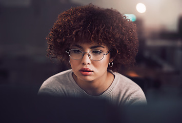 Image showing Night, computer and focus of black woman programmer, software developer or cybersecurity internship. Reading, analysis and USA person working with network monitor, information technology and research