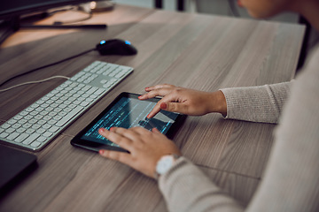 Image showing Tablet, hands and programmer screen for coding or programming on desk in office. Information technology, female developer and woman with digital touchscreen for software development in workplace.