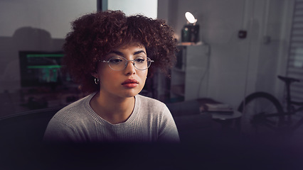 Image showing Web design, coding and woman reading on a computer for website software, it and planning. Designer, database and worker with a pc for programming, code analytics and information technology from home