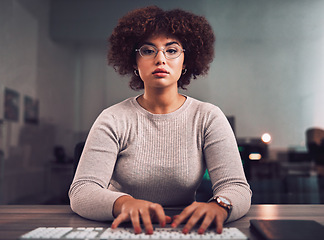 Image showing Portrait, programmer keyboard and woman typing, research or programming online at night. Information technology, computer keypad and female employee or coder with glasses working on software project.