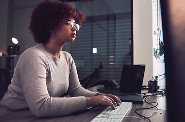 Image showing Night, computer typing and black woman programmer, software developer and cybersecurity internship. Coding, programming and USA person or developer data analytics, information technology and research