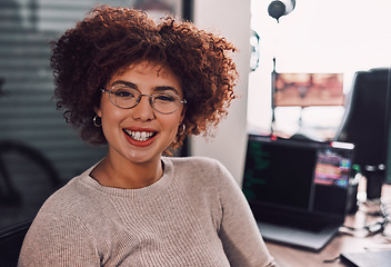 Image showing Portrait, programmer and smile of woman in office ready for programming or coding. Information technology, developer and face of happy female coder from South Africa with glasses and success mindset.