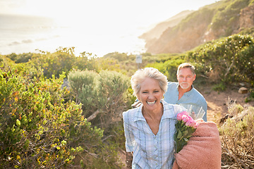 Image showing Hiking, mockup and a senior couple on a valentines day picnic together in the mountains for romance. Nature, love and a mature woman leading her husband along a path in the wilderness for bonding