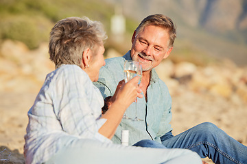 Image showing Champagne, beach and love celebration of mature couple with care and support of marriage. Toast, wine and sea picnic of a old man and woman together on holiday in summer loving the sunshine outdoor