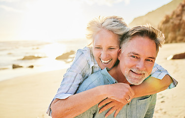 Image showing Senior couple, beach and piggyback portrait with smile together, summer and walk for memory, comic time or care. Elderly man, old woman or hug for funny moment, outdoor or sunshine by waves with love