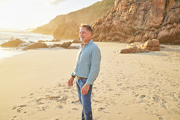 Image showing Happy, relax and smile with old man at beach for vacation, retirement and summer break. Travel, seascape and holiday with senior tourist enjoying view in nature for resting, happiness and sunset