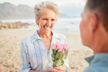 Image showing Beach, flowers and valentines day with a senior couple in celebration of love together outdoor in nature. Romance, rose or smile with a happy mature woman and man celebrating on the coast in summer