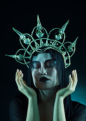 Image showing Makeup, dark art and queen woman isolated on black background for fantasy, macabre and beauty character. Vampire, fashion and crown of avatar person or model with cosmetics in night studio mockup