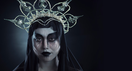 Image showing Halloween makeup, woman costume and portrait of grunge Korean cosmetics with grunge royalty aesthetic. Cosplay, goth fashion and Asian model with creative cosmetics and crown in studio with mockup