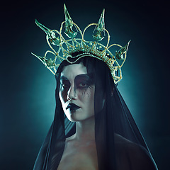 Image showing Halloween, costume makeup portrait and grunge Korean cosmetics with grunge royalty aesthetic. Cosplay, goth fashion and Asian woman model with creative cosmetics and crown for dress up in studio