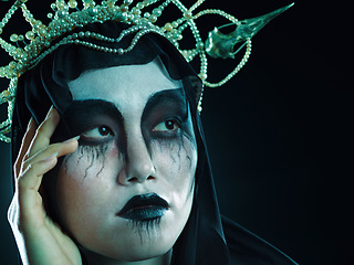 Image showing Halloween, grunge beauty face and fantasy cosmetics with dark royalty and ghost aesthetic. Cosplay, goth fashion and Asian woman model with creative cosmetics and crown for dress up in studio mockup