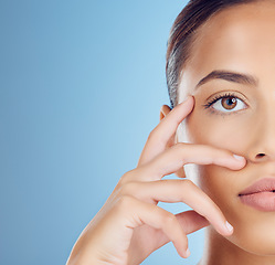 Image showing Half face, woman and beauty in mockup studio for skincare, wellness and cosmetics results from salon spa. Closeup portrait, facial and model with healthy aesthetic, laser dermatology or mock up space