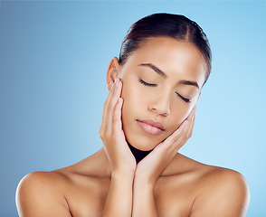 Image showing Woman, beauty and eyes closed in studio for skincare, wellness and cosmetics glow from salon spa. Calm model face, facial and healthy aesthetic of laser dermatology, natural shine and transformation