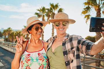 Image showing Women, peace selfie and holiday smile in Miami with happiness from summer travel and vacation. Beach, web connection and mobile of mature friends by the sea with happiness on 5g for social media