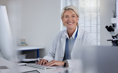Image showing Science portrait, computer and senior woman typing report of healthcare innovation, lab research or medical analysis. Clinic laboratory, medicine study and scientist happy for hospital development