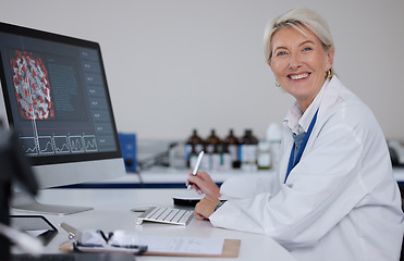 Image showing Science portrait, computer and senior scientist work on virus report for healthcare innovation, lab research or medical analysis. Laboratory, medicine study and woman happy for hospital development