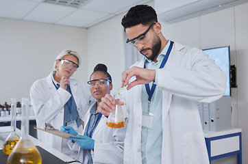 Image showing Science, laboratory and team with liquid in beaker for medical research, lab study and vaccine development. Biotechnology, chemistry and scientists with sample for analysis, test and experiment