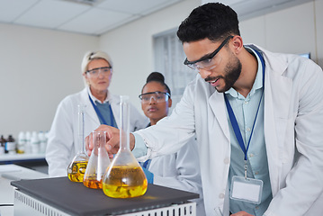 Image showing Science, chemistry and team with liquid for medical research, study and vaccine development. Biotechnology, pharmaceutical and scientists with sample in glass beaker for analysis, test and experiment