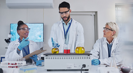 Image showing Science, laboratory and team with chemistry liquid in glass beaker for medical research, study and vaccine. Biotechnology, pharmaceutical and scientists with sample for analysis, test and experiment