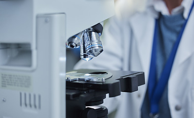 Image showing Science, sample and research with microscope in laboratory for medicine, pharmacy and vaccine cure. Bacteria, glass and technology with equipment for experiment, medical and investigation study