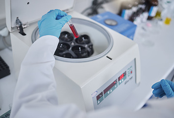 Image showing Hands, test tube or laboratory centrifuge in science research, person dna engineering or data analytics. Zoom, scientist or blood vial in medical equipment, particles separation or vaccine innovation