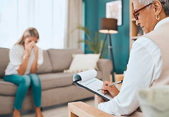 Image showing Psychology, therapy and women, mental health and depression with counseling, psychologist writing notes and diagnosis. Talk about trauma, stress or frustrated, grief and loss, support and checklist