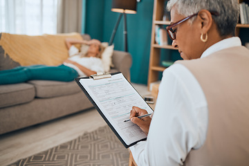 Image showing Woman lying on sofa, therapist writing notes on clipboard for mental health advice and consulting in office. Stress, anxiety and depression, sad person and psychologist in patient consultation room.