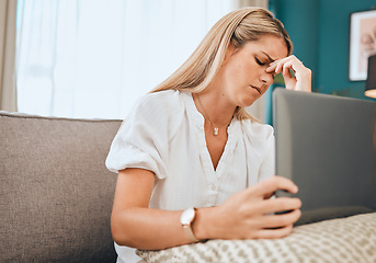 Image showing Headache, laptop and business woman with debt stress and technology report burnout. Anxiety, mental health problem and tired employee on a computer glitch and 404 tech issue feeling frustration