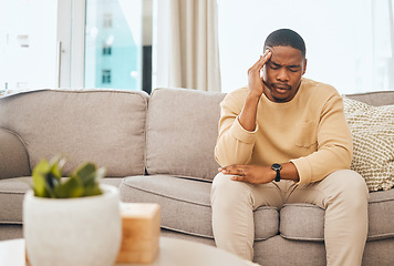 Image showing Black man with headache, stress and burnout with mental health and anxiety, therapy and problem. Person in crisis, psychology and frustrated with migraine, pain and depressed, worried and fatigue