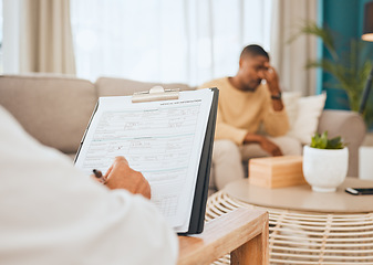 Image showing Man on sofa, psychologist writing notes on clipboard for mental health advice and consulting in office. Stress, anxiety and depression, sad person crying and healthcare therapist in consultation room