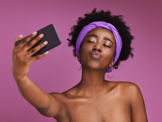 Image showing Phone, selfie and face of black woman for beauty, body wellness and fashion on purple background. Cosmetics, skincare and happy girl influencer on smartphone for social media, picture and online post