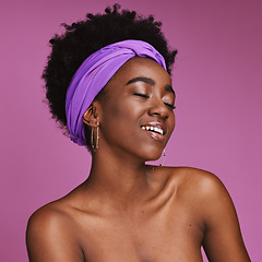 Image showing Face, beauty and skincare with a model black woman on a pink background in studio for natural care. Aesthetic, hair and headband with an attractive young female posing to promote cosmetic treatment