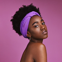 Image showing Portrait, beauty and aesthetic with a model black woman on a pink background in studio for natural skincare. Face, hair or headband with an attractive young female posing to promote cosmetics