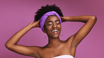 Image showing Skincare, beauty and happy with a model black woman on a pink background in studio for natural care. Face, hair and headband with an attractive young female posing to promote cosmetic treatment