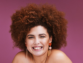 Image showing Black woman, studio portrait and smile with afro, beauty and vision for cosmetics, wellness or hair care. African model, natural skin glow and aesthetic with self care, confidence and cosmetic makeup