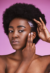 Image showing Black woman, hair and cream conditioner for afro, haircare and ethnic texture on pink studio background. African model, hairstyle lotion product and scalp relaxer for maintenance, skincare and beauty