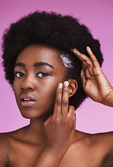 Image showing Black woman, hair portrait and conditioner for afro, haircare and ethnic texture on pink studio background. African model, haircare cream and lotion product for scalp maintenance, skincare and beauty