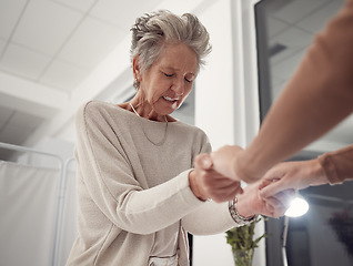 Image showing Support, holding hands and prayer of woman at hospital for hope, healing or miracle. Christian, worship and family together for unity in crisis, cancer or bad news and comfort while praying at night.