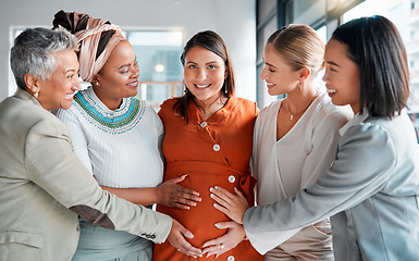 Image showing Pregnant woman, coworkers and smile for touch, stomach and excited with support, solidarity and care. Group, women and pregnancy in office with love, team building and portrait at financial workplace