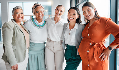 Image showing Women, business solidarity and team portrait in office, excited with support, pregnancy and care. Group, pregnant woman and together with love, community diversity and happy at financial workplace