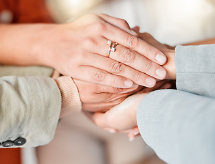 Image showing Community, support and teamwork with hands of business people for planning, motivation and goal. Trust, mission and target with group of women for diversity, collaboration and team building in office