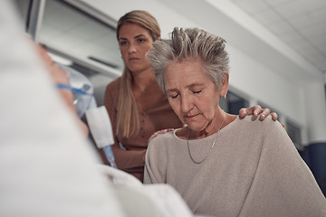 Image showing Sad woman visit her sick husband in hospital with the support and comfort from their daughter. Healthcare, love and senior female sitting and praying with her ill man with cancer in a medical clinic.