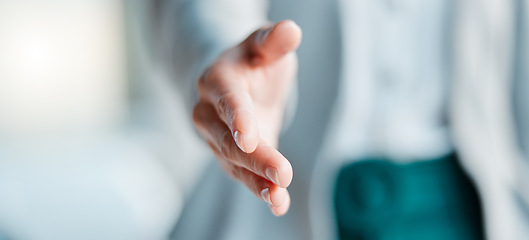 Image showing Hands, handshake and hiring for greeting, meeting or partnership, b2b or unity on blurred background. Hand of employer shaking in congratulations, promotion or growth for employment or deal on mockup