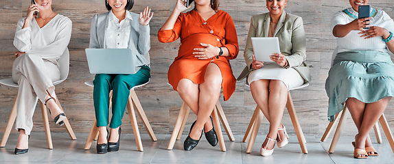 Image showing Recruitment, waiting room and professional women on technology, job search opportunity and career inclusion. Diversity, equality and business people on laptop, phone and tablet for Human Resources