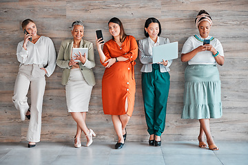 Image showing Technology, waiting room and business women in recruitment for job search opportunity or career inclusion. Diversity, equality of corporate people in Human Resources office on computer and phone call