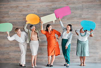 Image showing Feedback, survey and communication with business people and speech bubble for social media, recruitment and diversity. Design, idea and mockup with women and board for vote, review and question